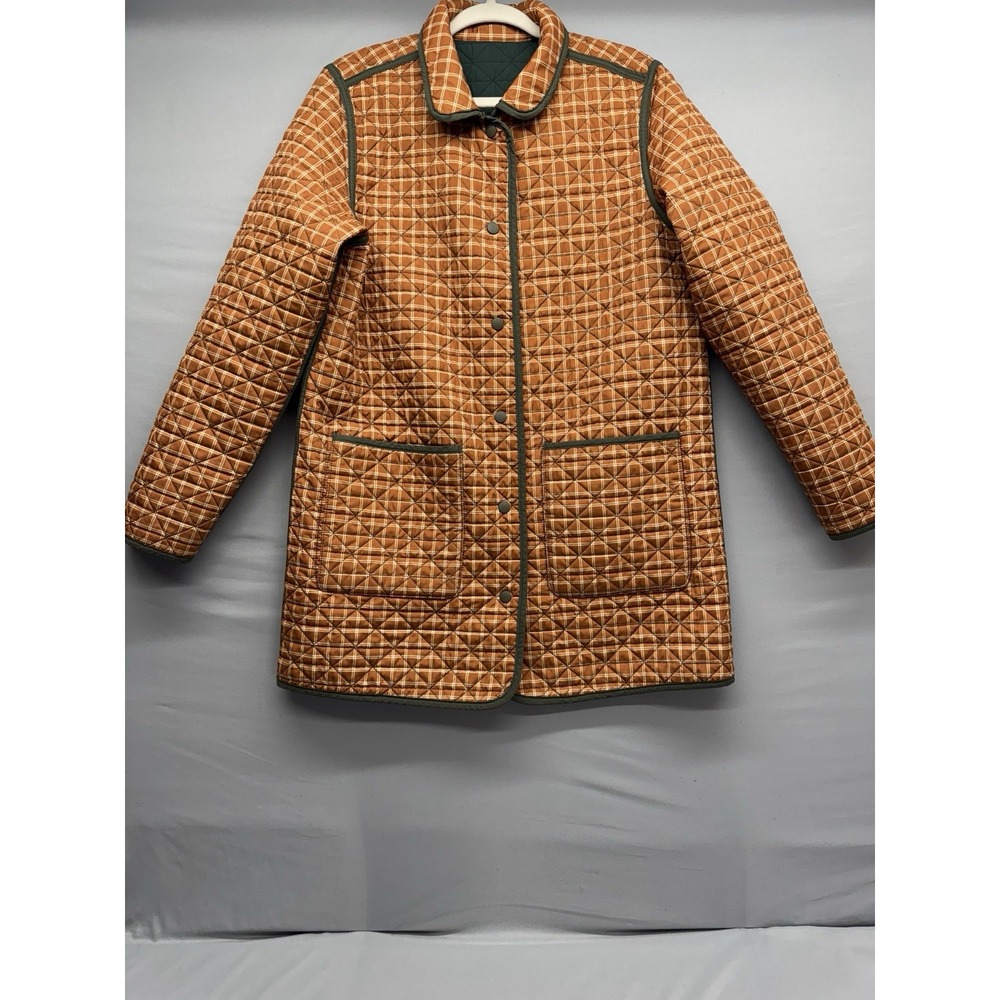 Lands' End Quilted Green Jacket with Orange Plaid Lining - Picture 4 of 13
